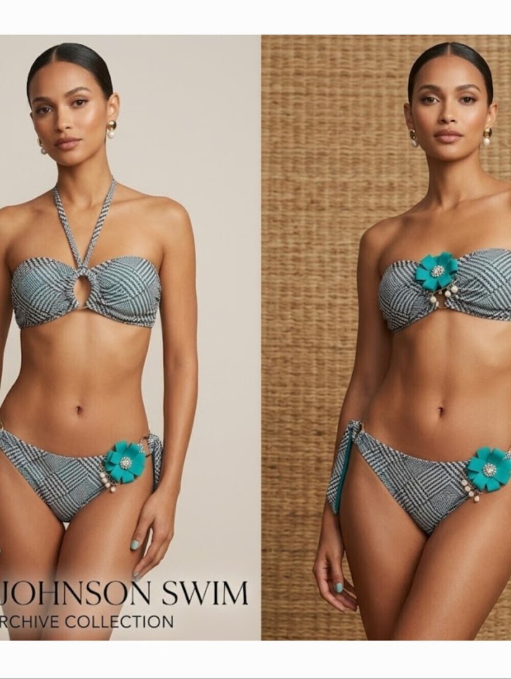 Betsey Johnson Houndstooth Mesh Bikini Set Teal Flower Pearl Brooch Size M.